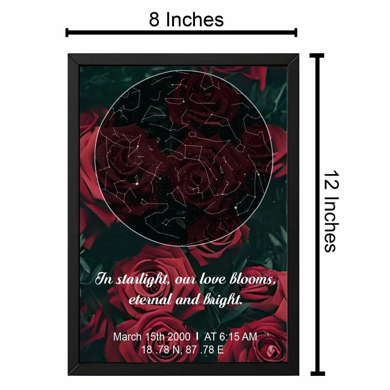 Framed artwork with red roses and a star map, dimensions shown.