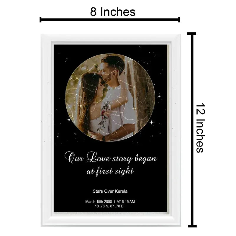 Framed photo of a couple with text 'Our Love story began at first sight' and measurements on a white background.