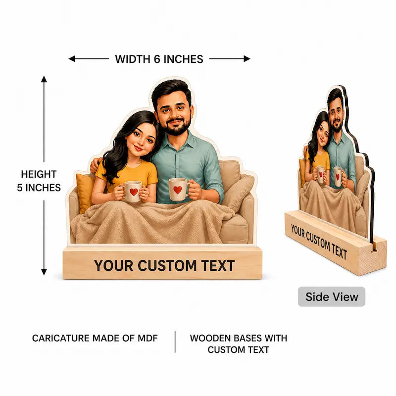 Customizable MDF wooden caricature standee of a couple on a couch, showing front and side views with dimensions labeled as 6 inches wide by 5 inches high, on a white background with text noting wooden bases with custom text.