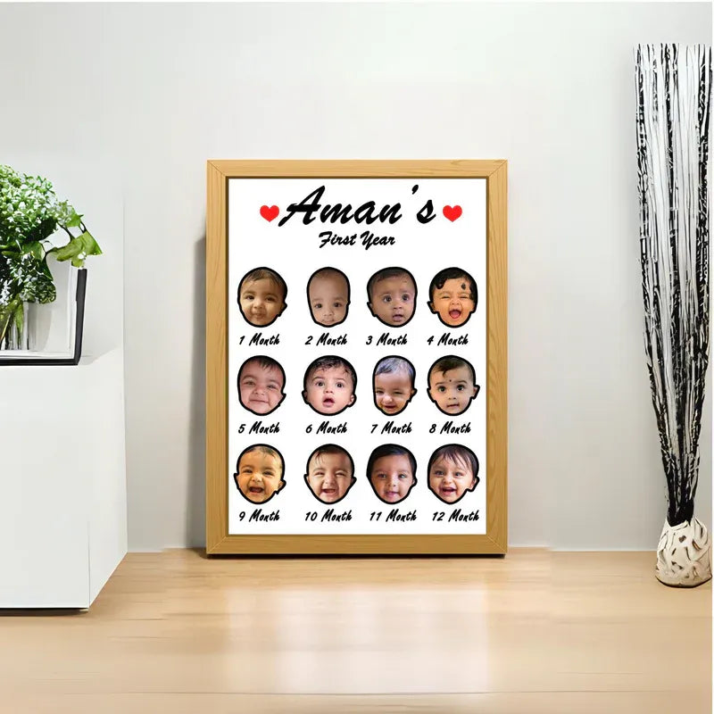My first year photo frame — natural wood frame with 12-month baby photo collage, personalised baby name, and First Year text, wall display.