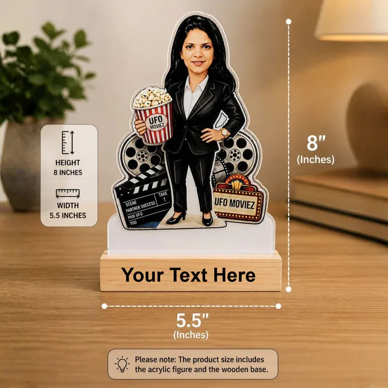 Personalized figure with a clapperboard and popcorn bucket on a wooden base, with text customization option.