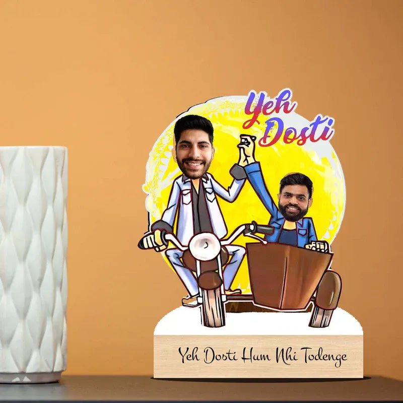 Decorative item with two animated characters on a motorcycle against a yellow background, featuring the text 'Yeh Dosti'.