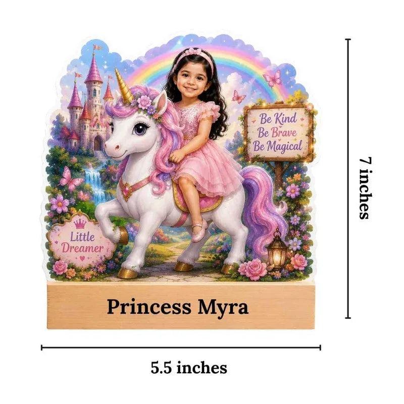 Illustration of a girl riding a unicorn with decorative elements and text, featuring the name 'Princess Myra'.