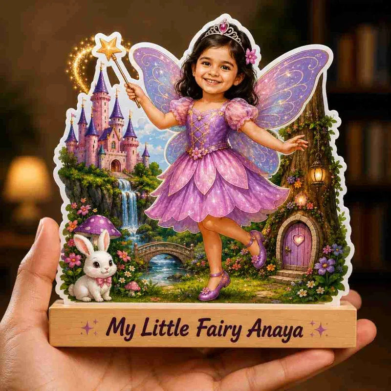 Personalized fairy figure with a castle and rabbit in a hand