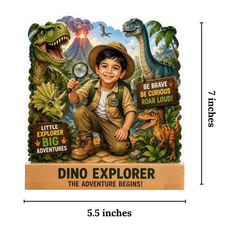 Dinosaur explorer toy with a child figure, surrounded by dinosaur illustrations and text.
