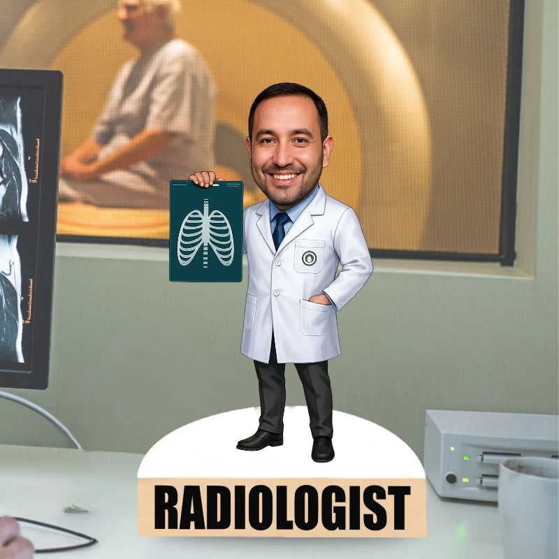 Radiologist holding a chest X-ray with medical equipment and a patient in the background