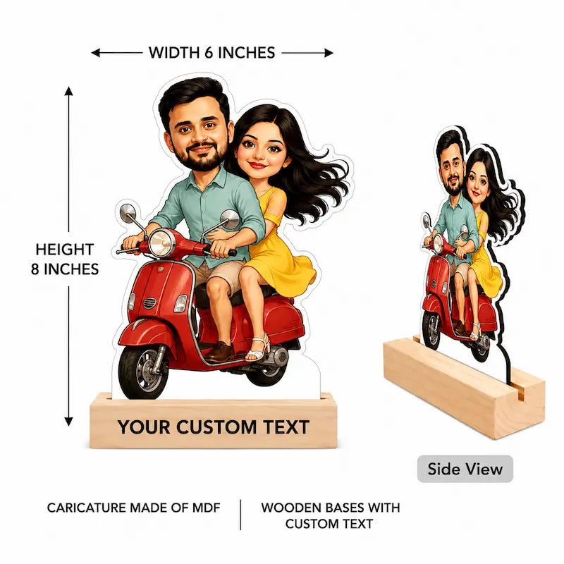 Customizable MDF wooden cutout sign of a couple on a red scooter, showing front and side views with dimensions (6 inches width, 8 inches height) and wooden bases with customizable text.
