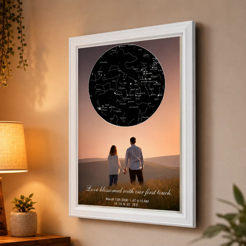 Romantic Personalized Star Map Wall Frame in Warm Minimal Bedroom Decor Setting.