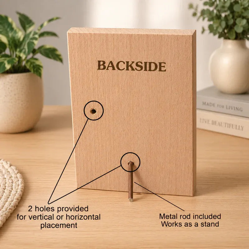 Back of personalized engraved wooden photo plaque for mom with metal rod stand and dual wall mount holes