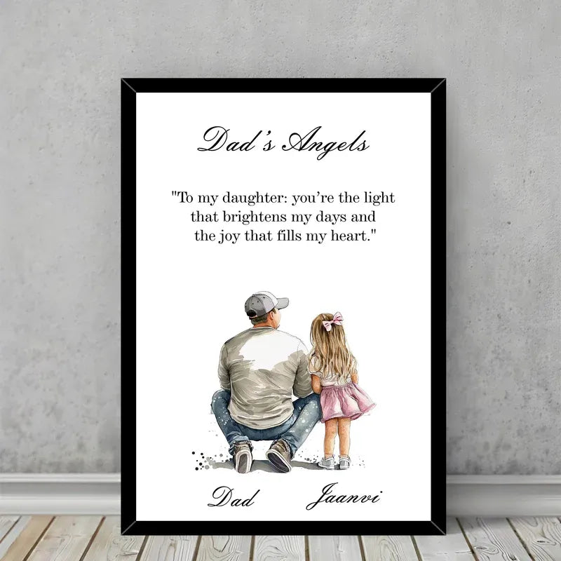 Framed artwork with a father and daughter illustration and text on a gray wall.