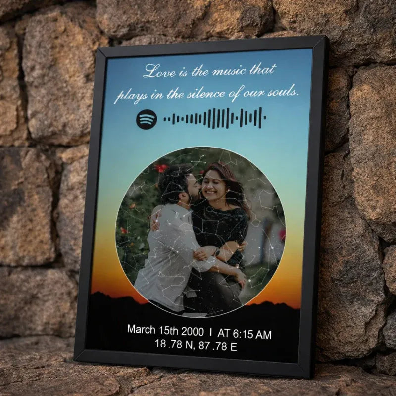 Personalised couple star map Spotify gift India — warm constellation overlay couple photo scannable Spotify code frame ZingyGifts.