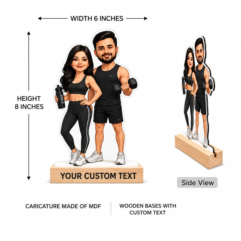 Customizable MDF standee cutout of a couple in athletic wear, shown with dimension arrows indicating 6 inches wide by 8 inches tall, plus a side view and text noting wooden bases with custom text.