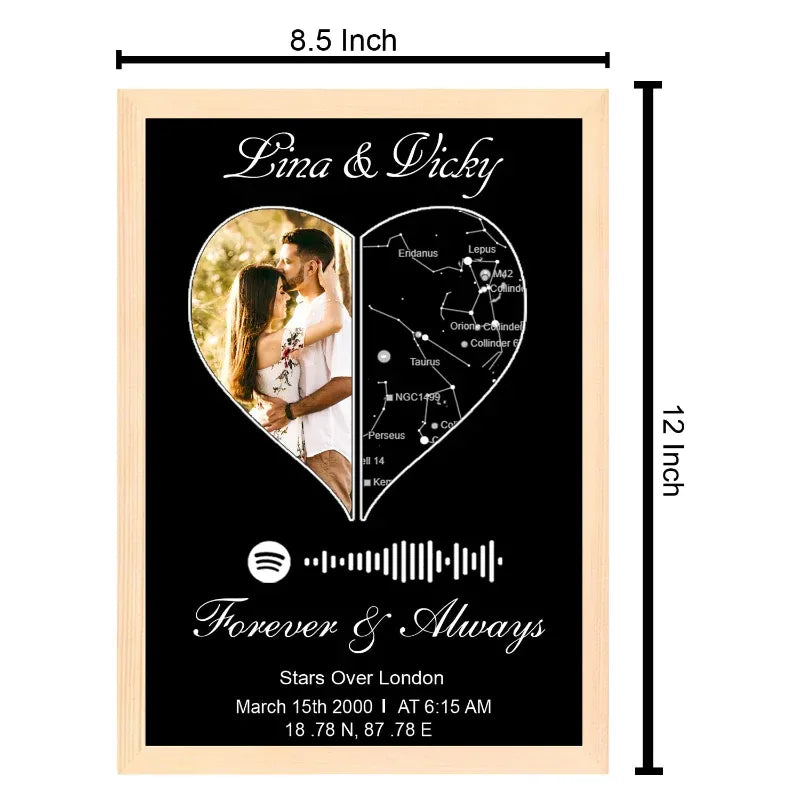 Heart-shaped design with a photo of a couple and star map, labeled 'Lina & Vicky', with dimensions 8.5x12 inches.