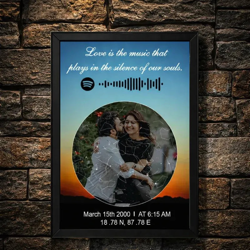 Framed artwork with a couple's photo, quote, and coordinates on a stone wall background