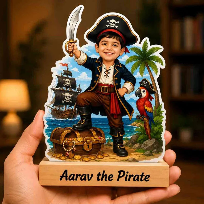 Pirate-themed decorative sign with a child holding a sword, surrounded by a pirate ship, parrot, and treasure chest.