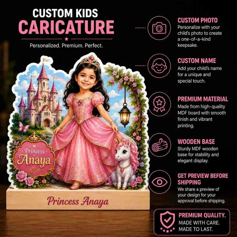 Custom kids caricature of a girl in a pink dress with a castle and unicorn, featuring text about customization options.