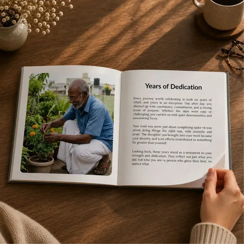 Open book on a wooden table with a person reading, featuring an image of a man tending to plants.