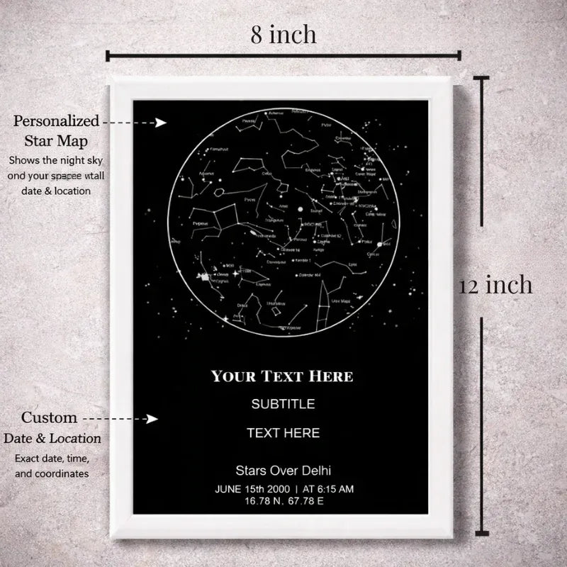 Star map poster with customizable text on a gray background