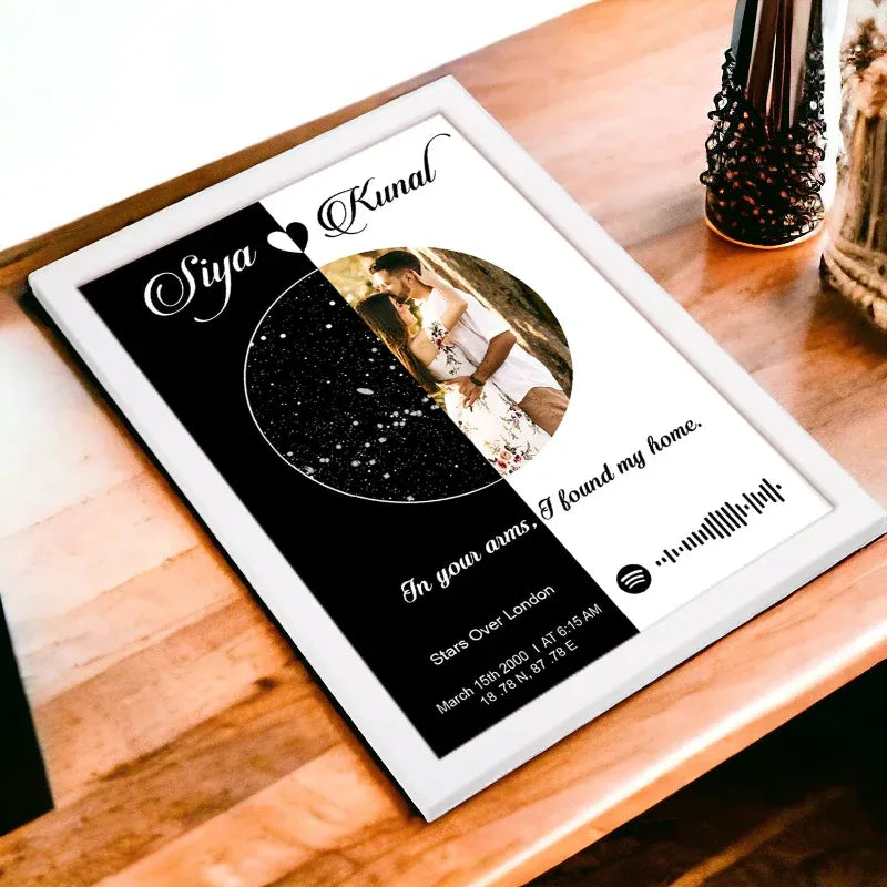 Personalized star map with names 'Siya' and 'Kunal' on a wooden surface.