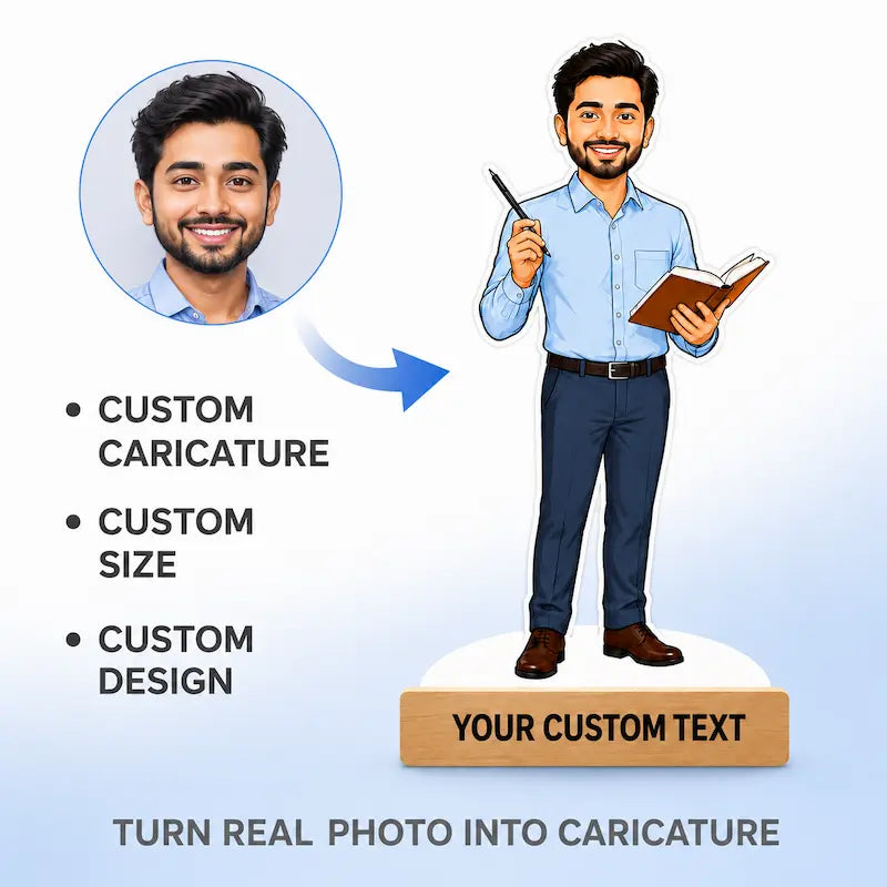 Promotional graphic for a custom caricature service, showing a circular real photo of a man on the left and a full-body cartoon caricature of the same man on the right, with text listing 'Custom Caricature', 'Custom Size', and 'Custom Design', plus a wooden sign reading 'YOUR CUSTOM TEXT'.
