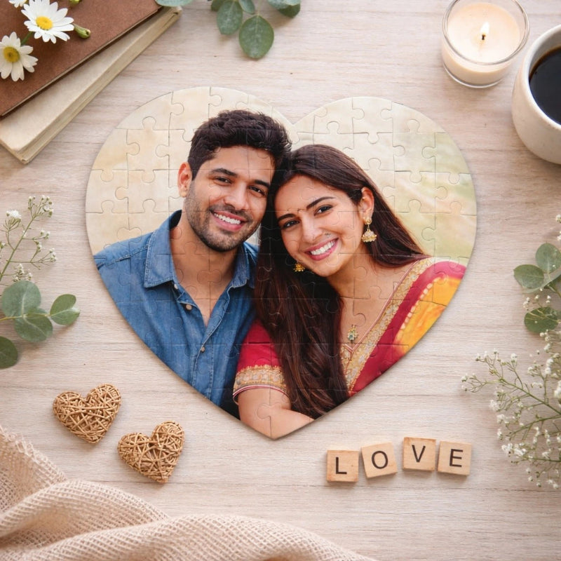 Heart-shaped photo puzzle with a couple's portrait, surrounded by decorative items on a wooden surface.