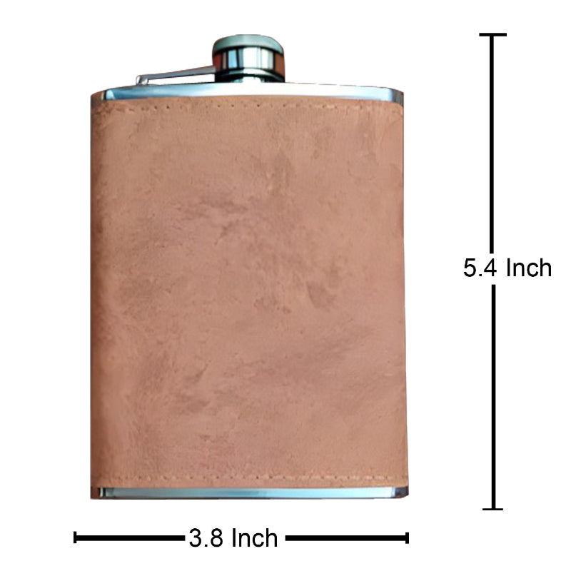 Brown leather flask with dimensions labeled on a white background