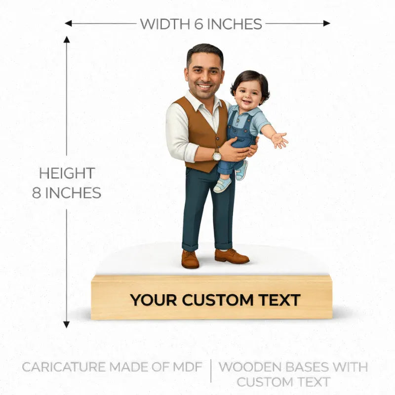 Dad and daughter caricature dimensions showing 6 inches width and 8 inches height with MDF cutout and wooden base