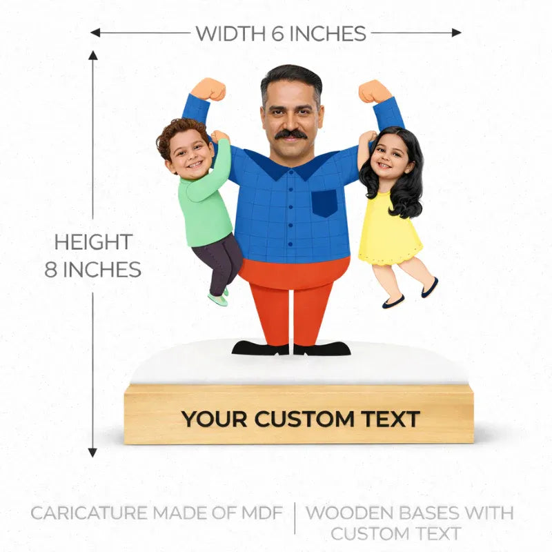 Dad and kids caricature dimensions showing 6 inches width and 8 inches height with MDF cutout and wooden base
