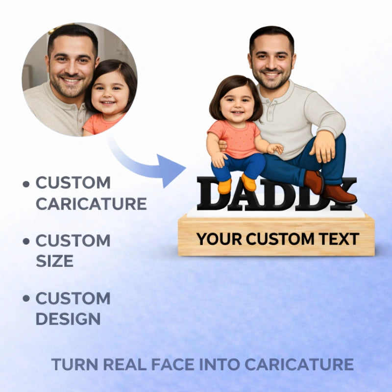 Photo to caricature transformation showing real daddy and daughter image converted into a personalized caricature figurine with wooden base