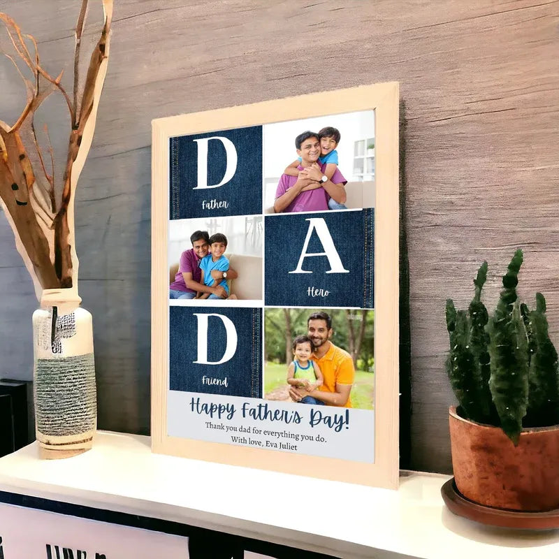 Personalized Father's Day photo collage frame on a shelf with decorative elements.