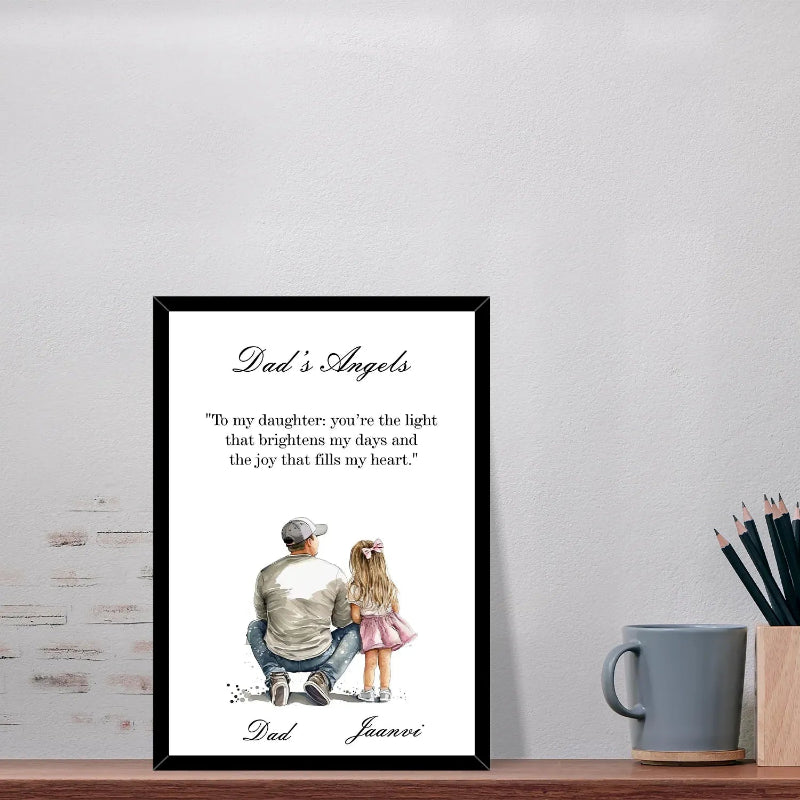 Framed artwork with a father and daughter illustration and text on a white wall.
