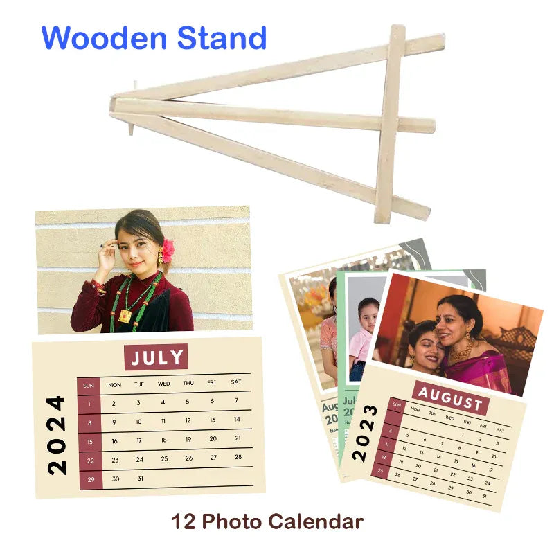 Wooden stand with photo calendar and family photos on a white background