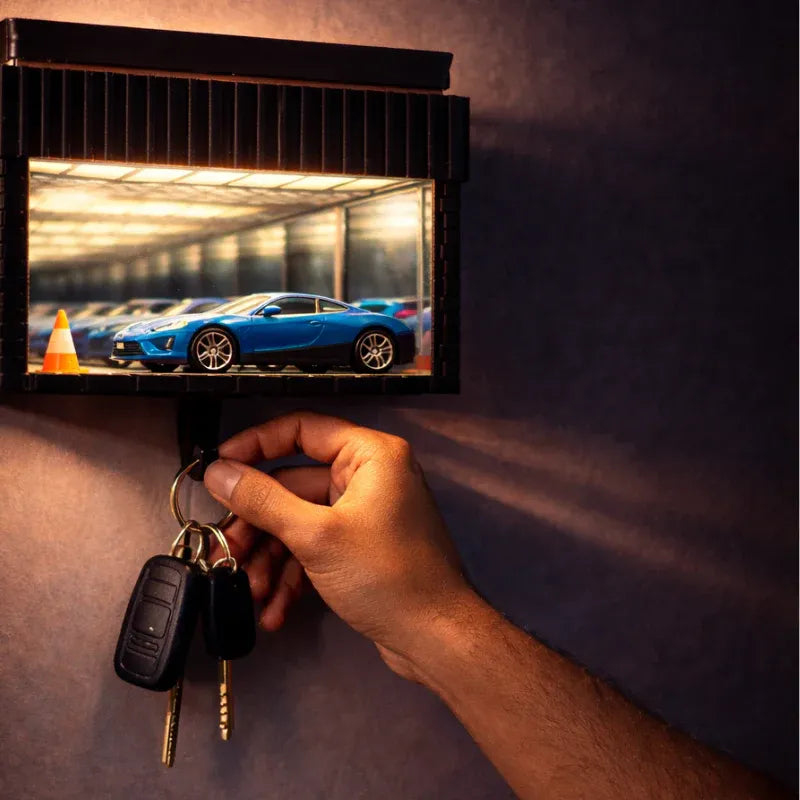 Hand holding keys in front of a small screen displaying a blue car.