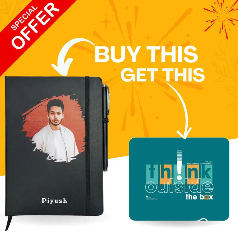 Black notebook with a portrait and a teal motivational card on a bright yellow background with text and graphics.