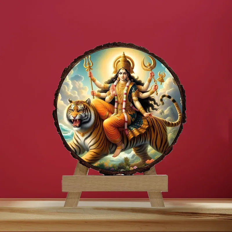 Decorative panel with a deity on a tiger against a red background