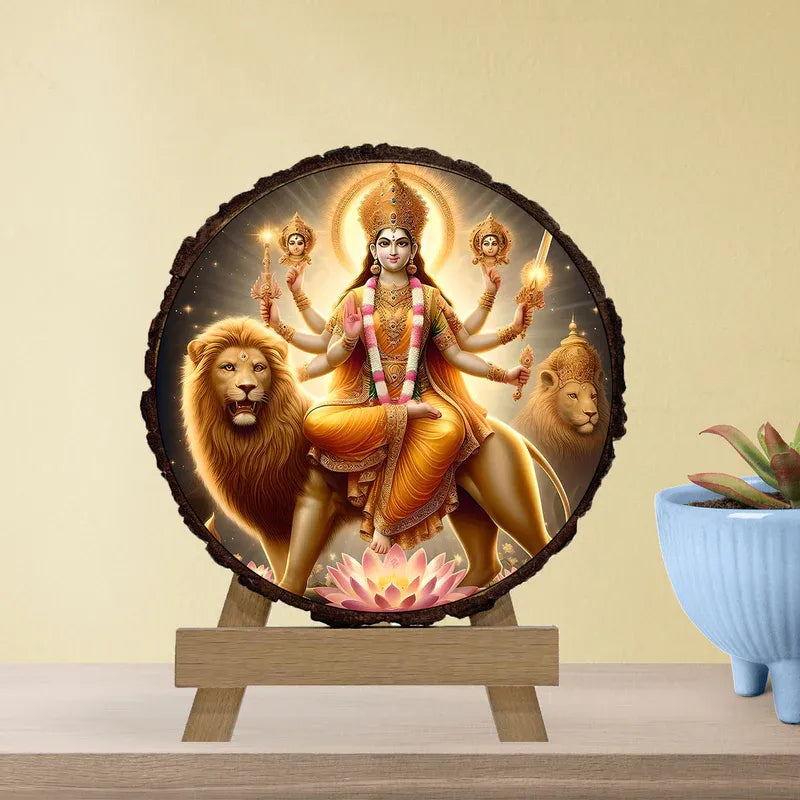 Decorative plate with a tiger and a person on a wooden stand against a green background