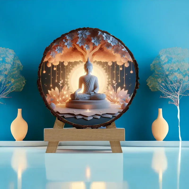 Decorative piece with Buddha statue inside a circular frame on a blue background