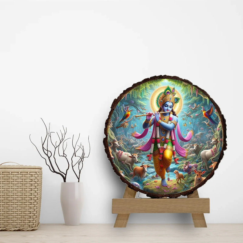 Decorative piece with a colorful depiction of a deity surrounded by animals on a wooden stand.