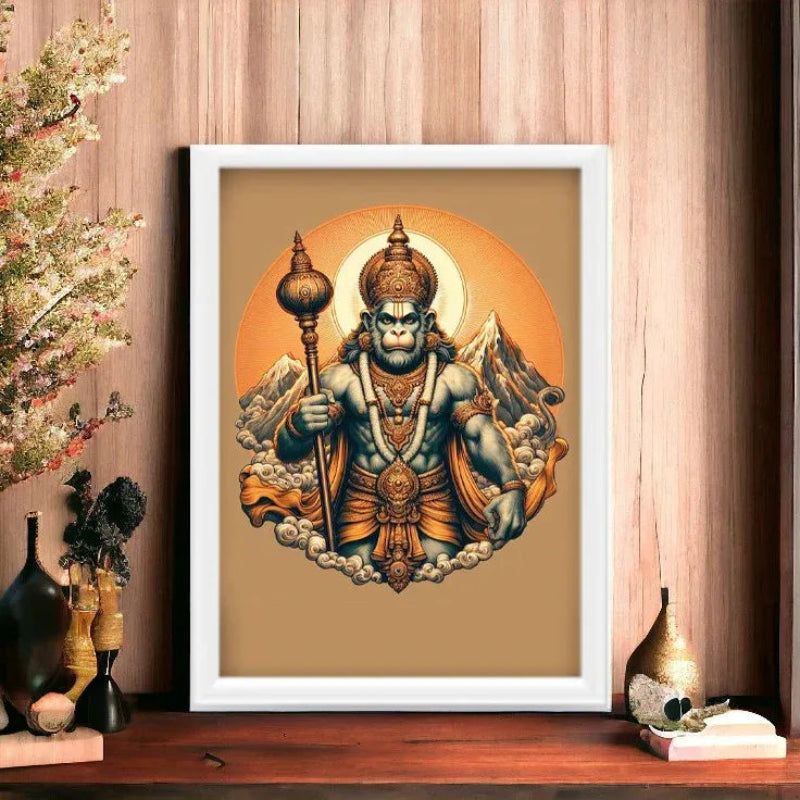 Framed artwork of a deity on a wooden shelf with decorative items.