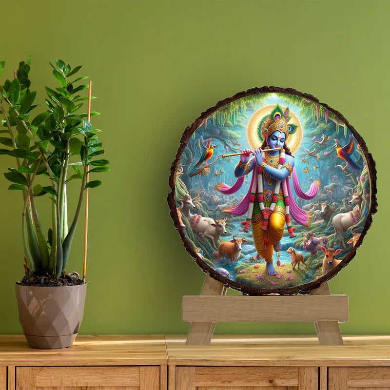Decorative wall art of a colorful depiction of a deity on a wooden stand against a green wall.