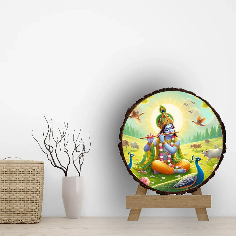 Decorative wall art with a colorful depiction of a deity on a stand against a white wall.