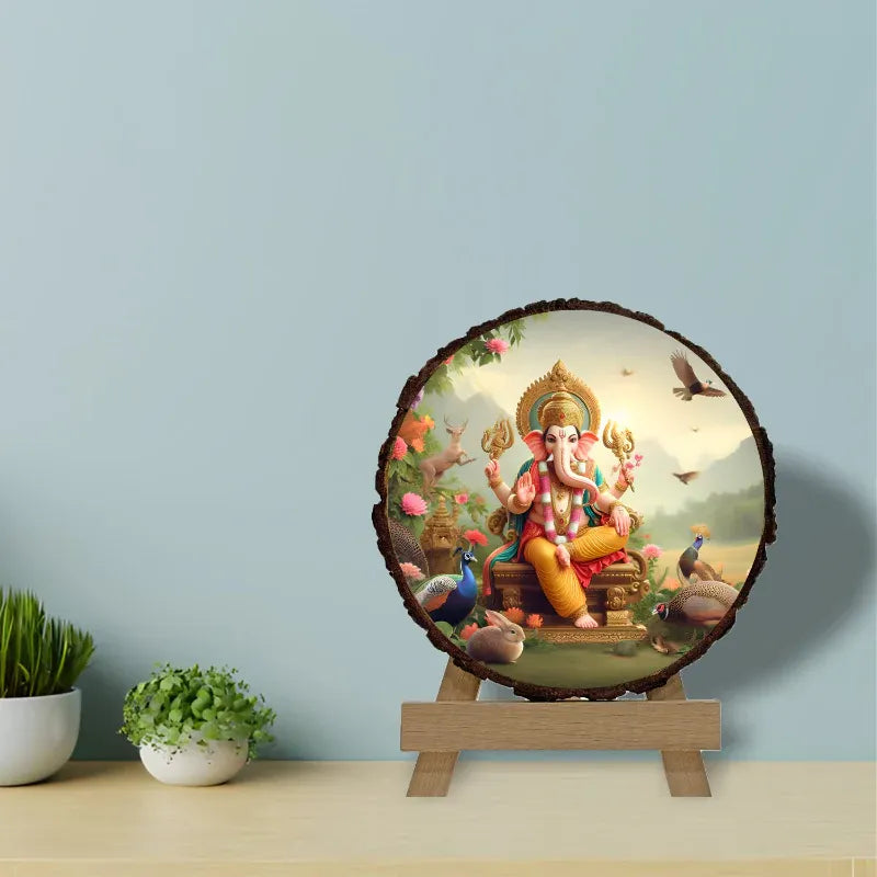 Decorative plate with a colorful depiction of a deity on a stand against a light blue wall.