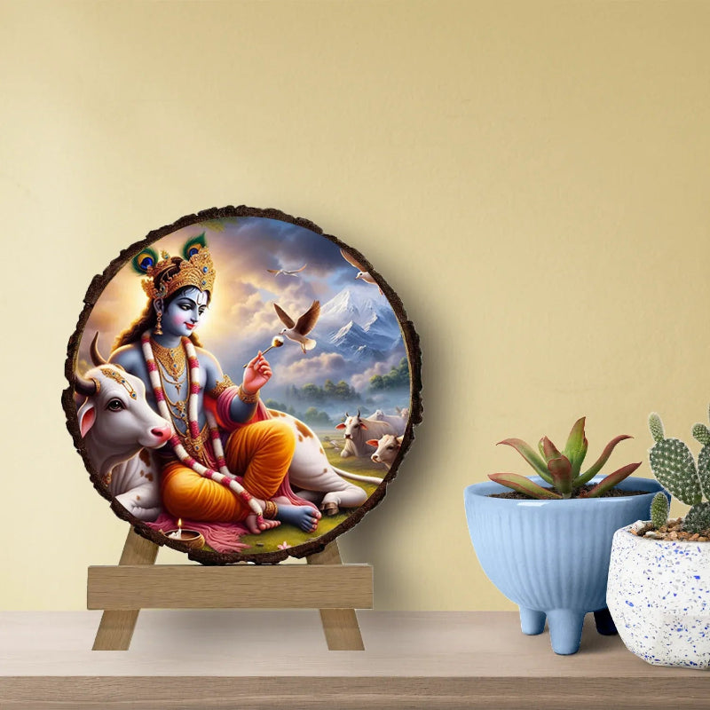 Decorative wall art of a religious figure with animals on a stand against a beige wall.