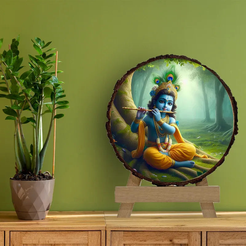 Decorative wall art of a blue-skinned figure with a flute on a wooden stand against a green wall.