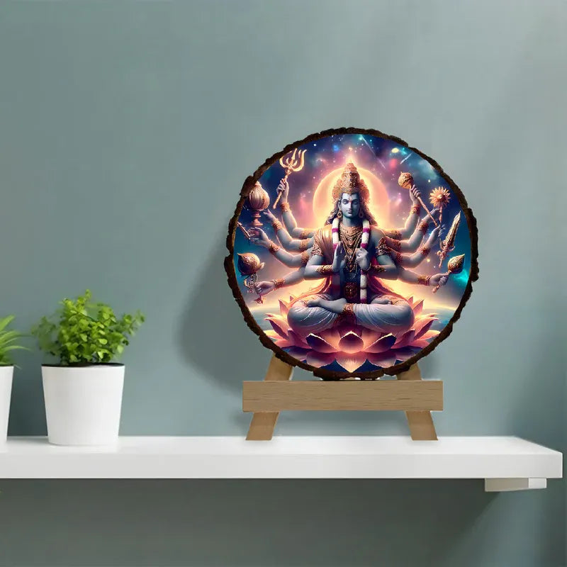 Decorative plate with a colorful depiction of a deity on a stand against a gray wall.