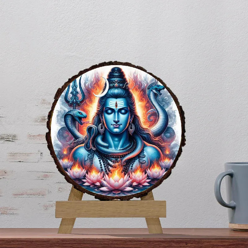 Decorative piece with a colorful depiction of a deity on a wooden stand against a light gray wall.