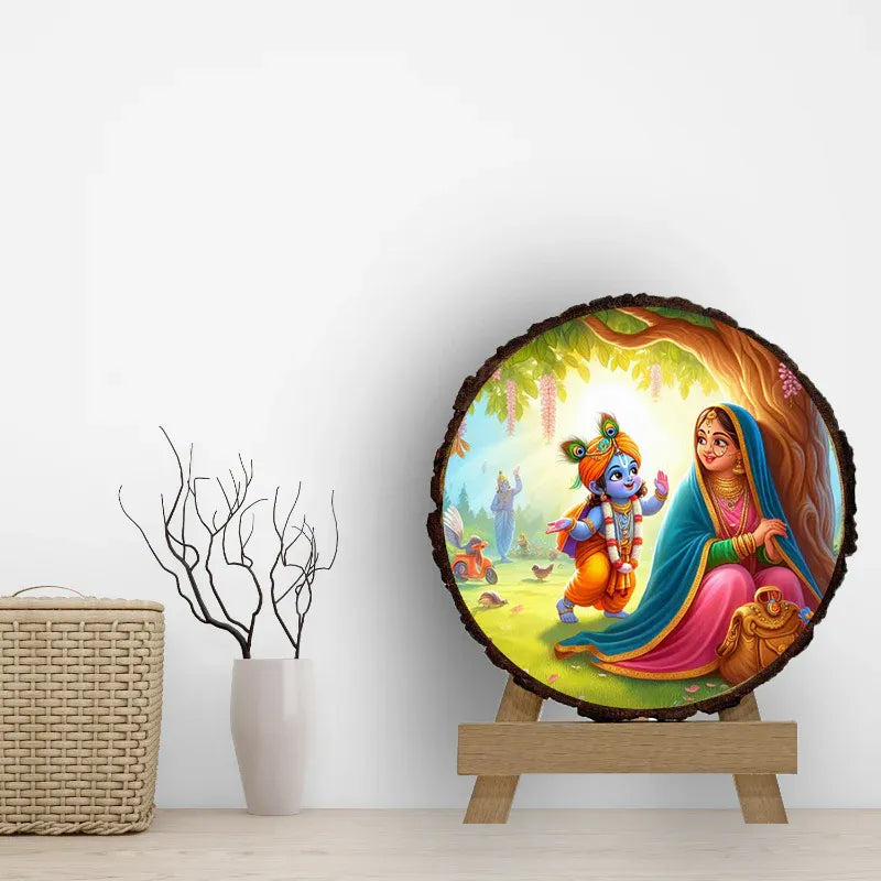Decorative wall art with a colorful illustration of a traditional scene on a wooden stand.