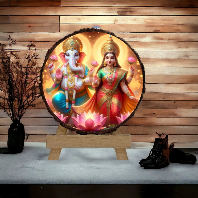 Decorative item with figures on a stand against a green background