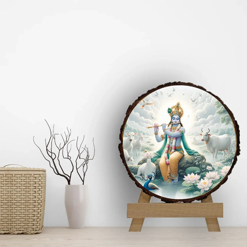 Decorative wall art with a religious figure on a stand against a white wall.