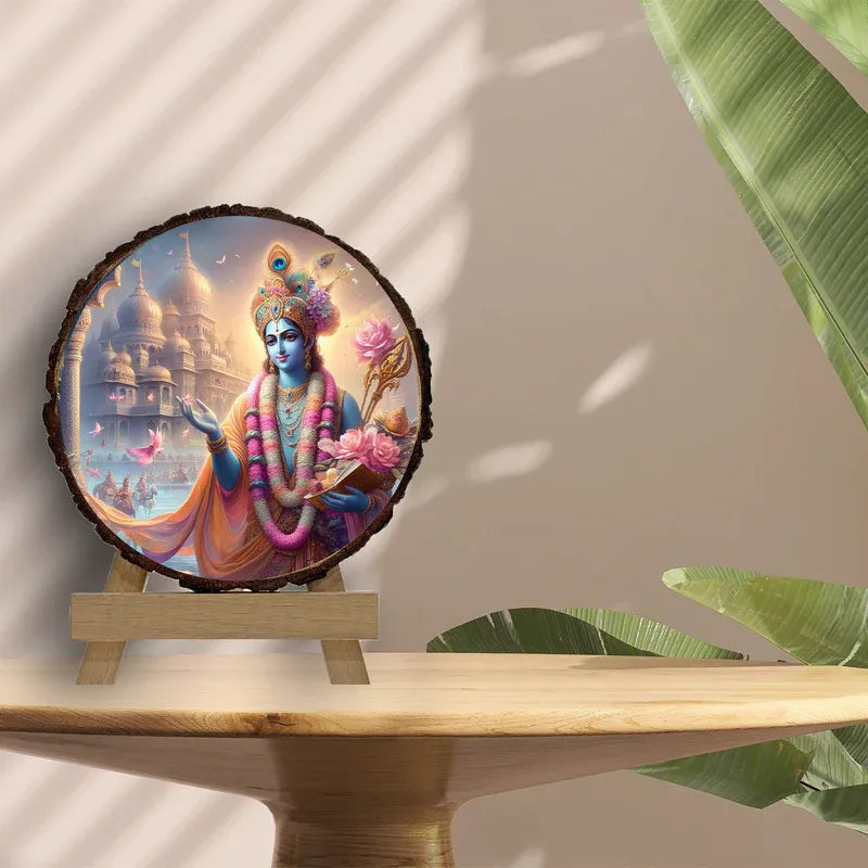 Decorative piece with a colorful figure on a wooden stand against a neutral background